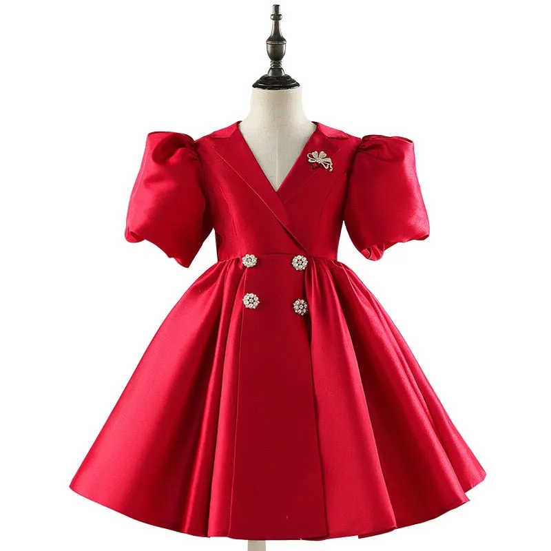 Girls Elegant Vintage Ball Princess Tulle Dress - Red