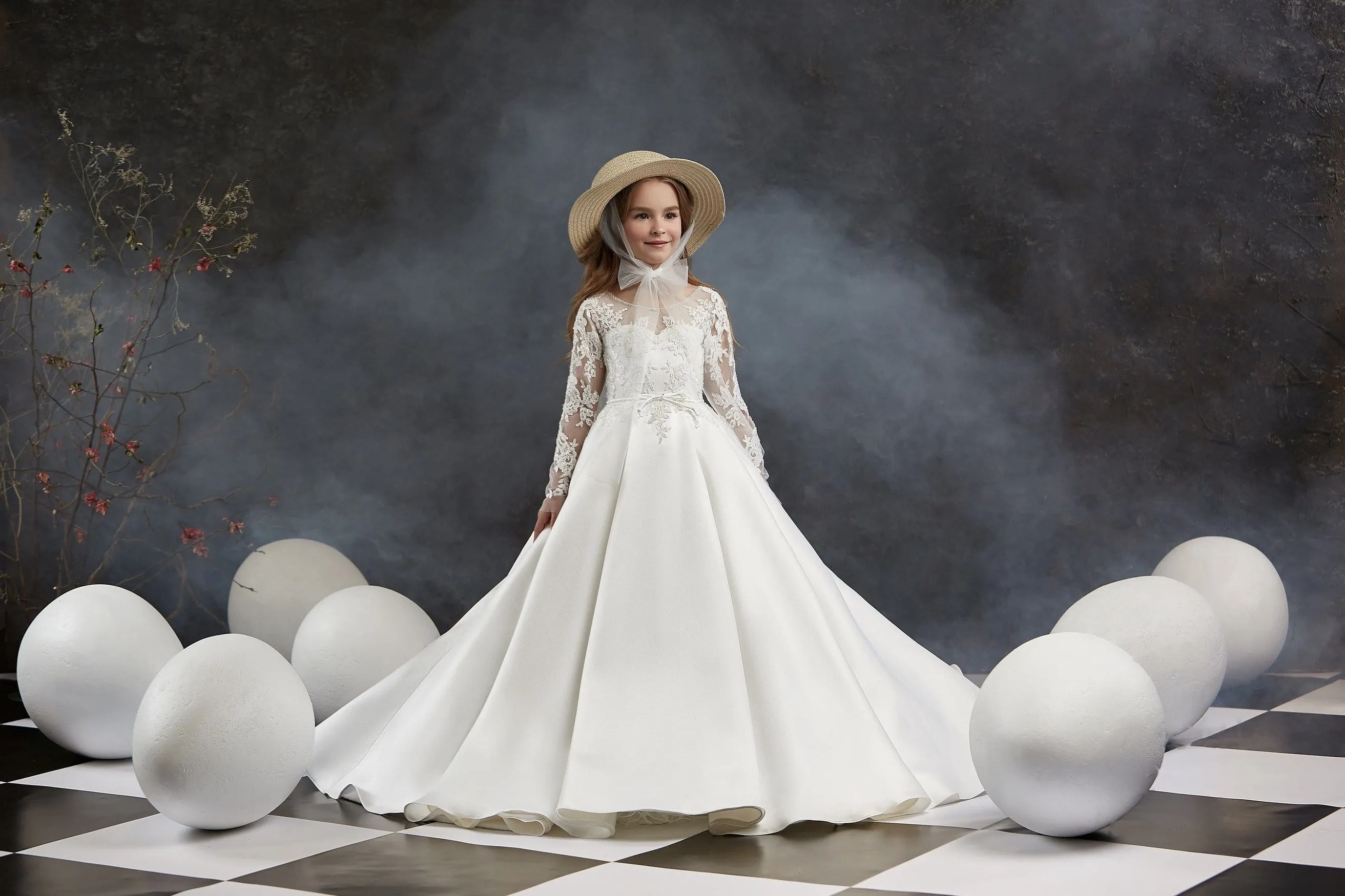 Girls Open Back Satin Ball Gown with Sleeves
