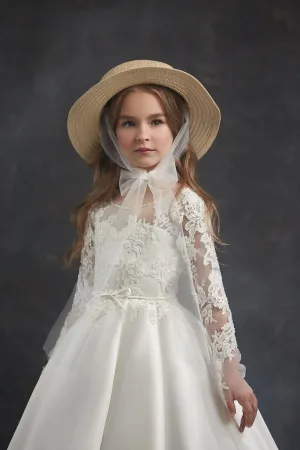 Girls Open Back Satin Ball Gown with Sleeves
