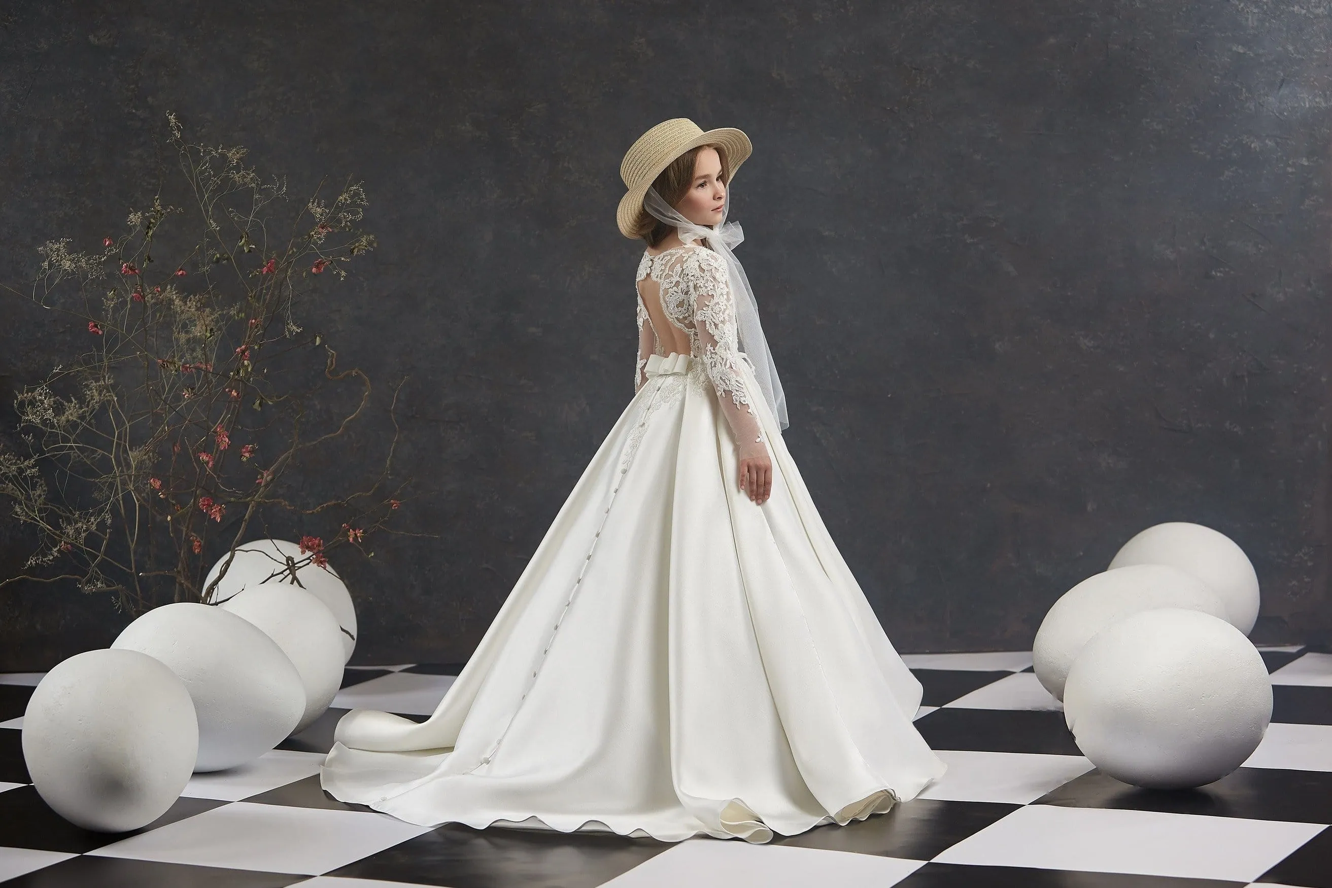 Girls Open Back Satin Ball Gown with Sleeves