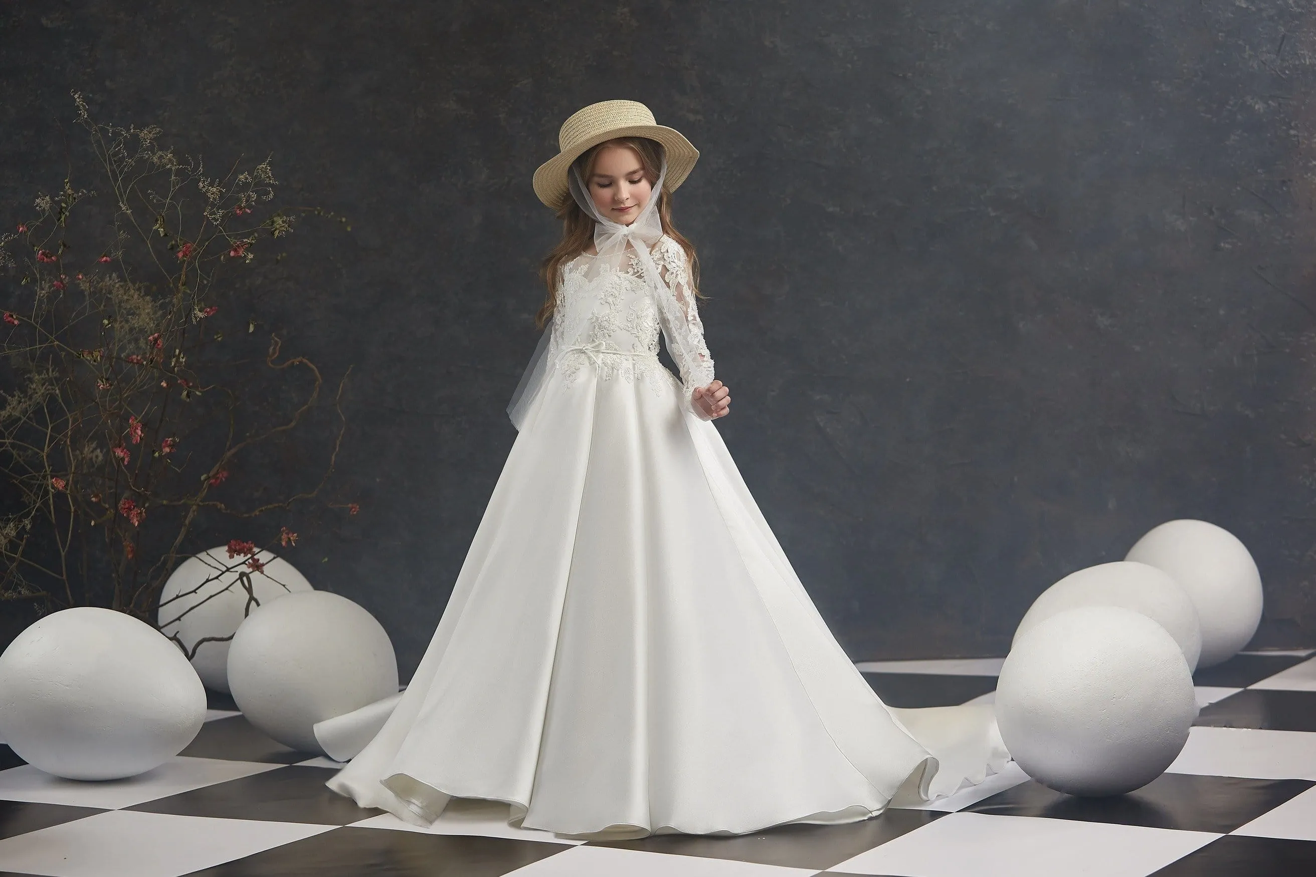 Girls Open Back Satin Ball Gown with Sleeves