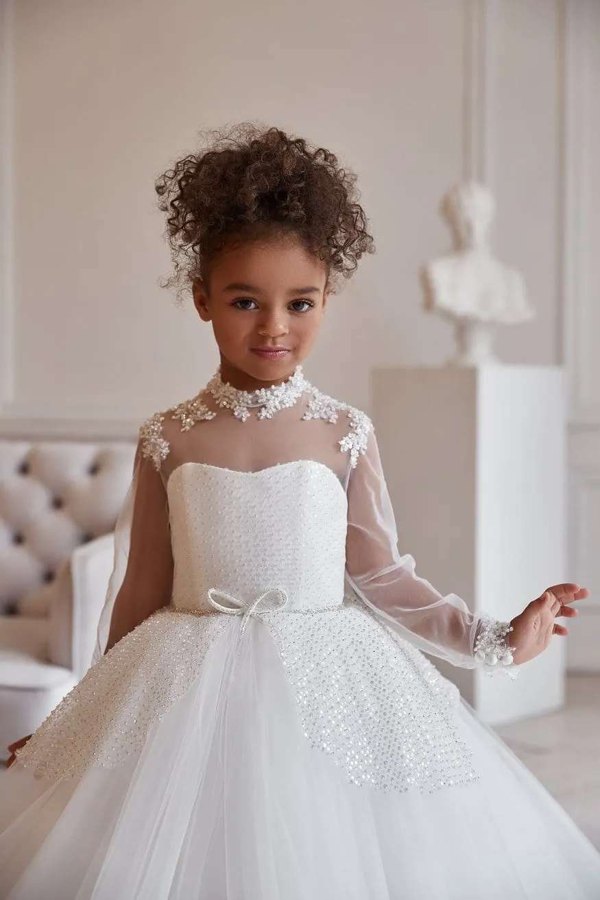 Girls Soft White Ballgown with a Sparkly Peplum