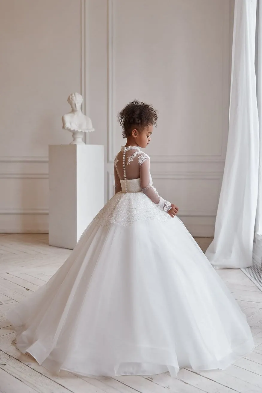 Girls Soft White Ballgown with a Sparkly Peplum