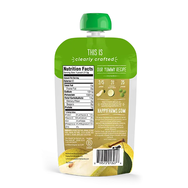 Happy Baby  Happy Family Happy Baby Stage 2 (6  months) Clearly Crafted - Pears Zucchini & Peas, 113g. (2 PACK BUNDLE) Exp: 11/25
