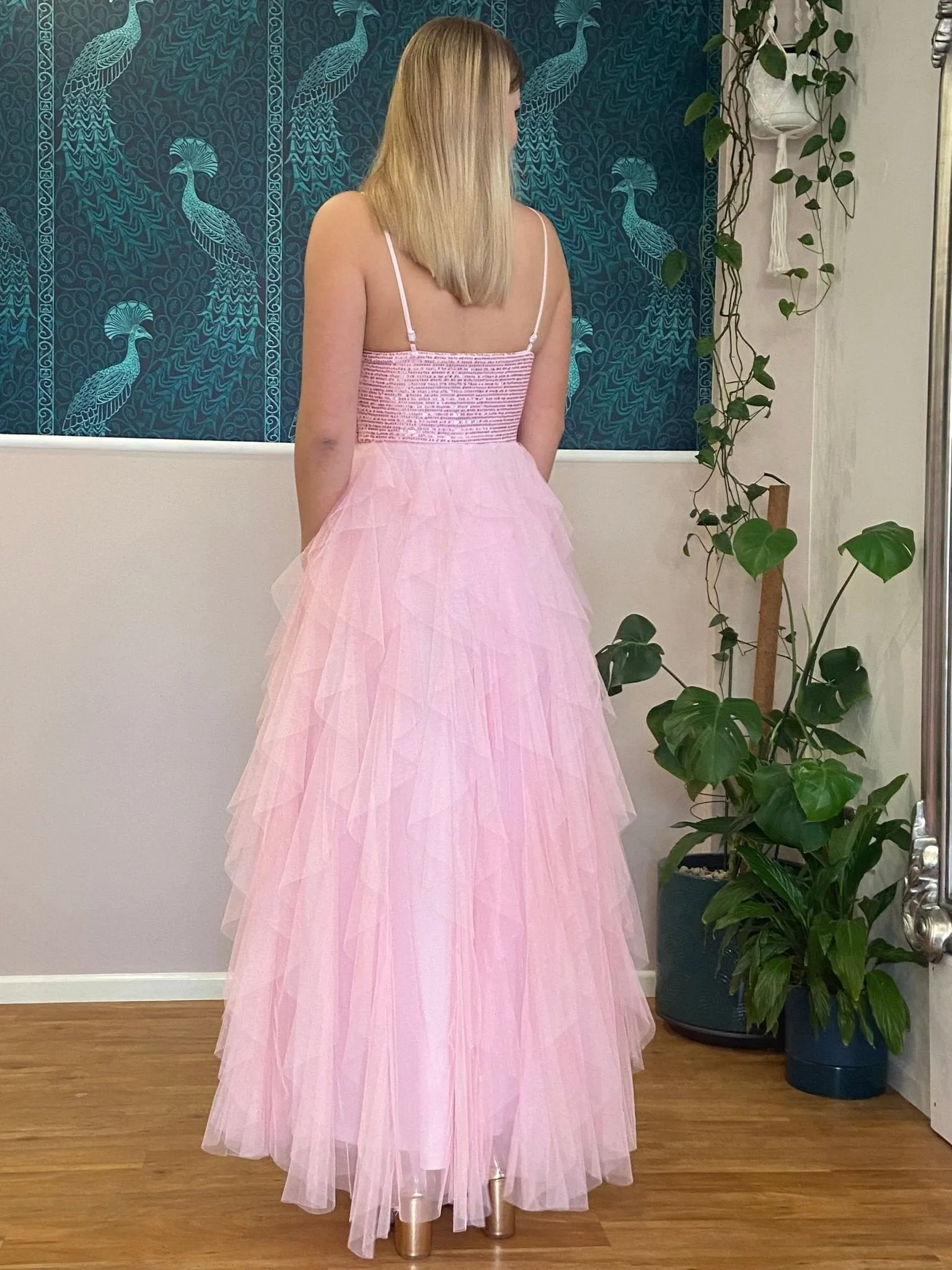 Karmil pink ruffled ball dress with sequins and tulle s8-10 Express NZ wide