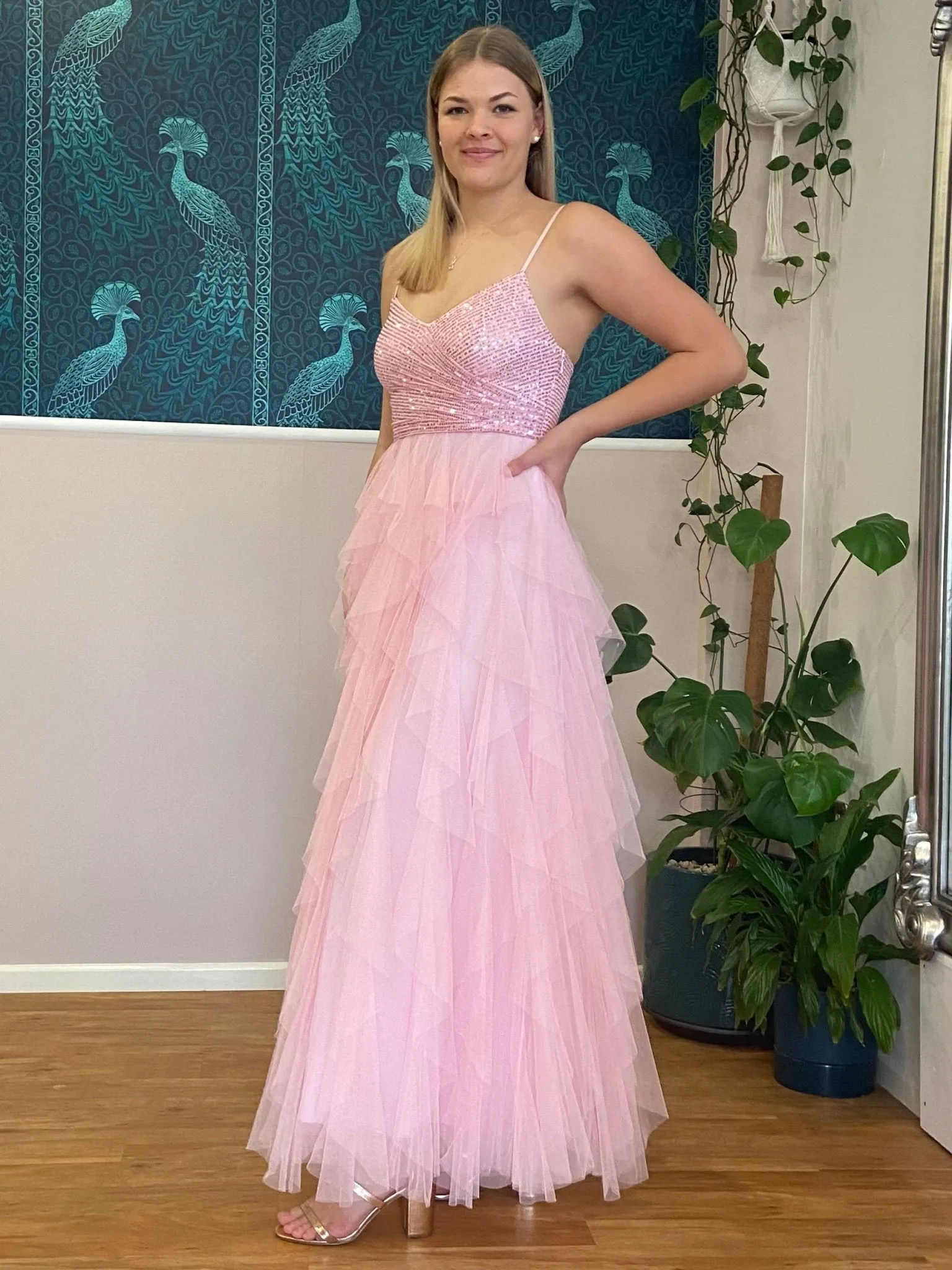 Karmil pink ruffled ball dress with sequins and tulle s8-10 Express NZ wide