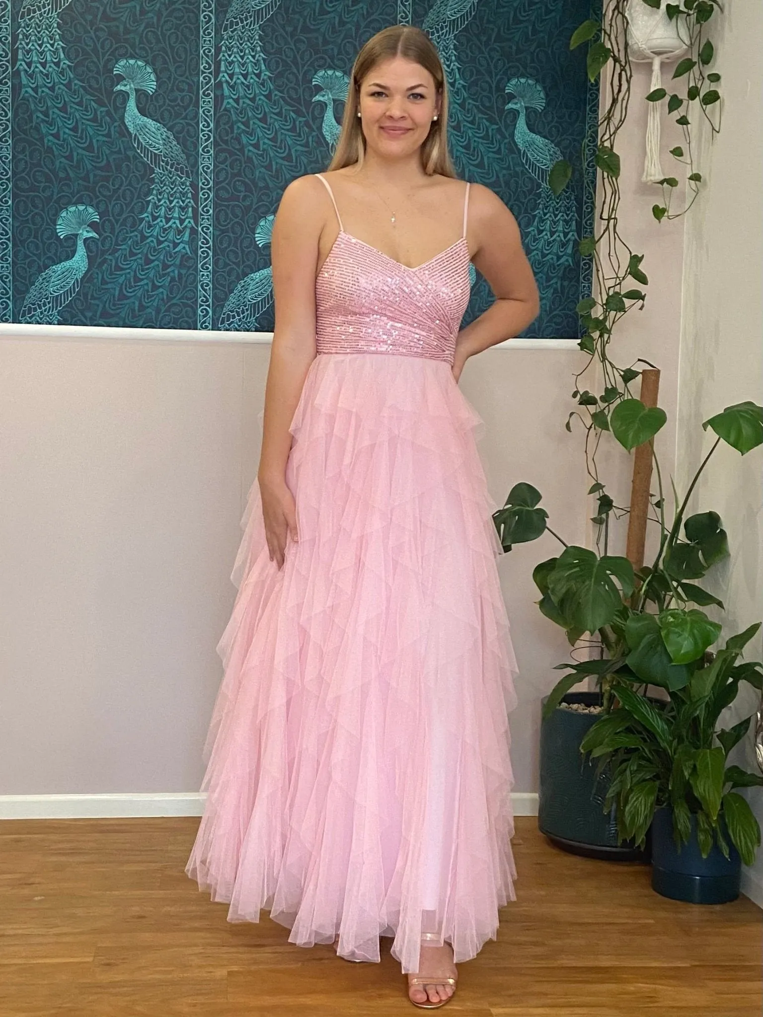 Karmil pink ruffled ball dress with sequins and tulle s8-10 Express NZ wide