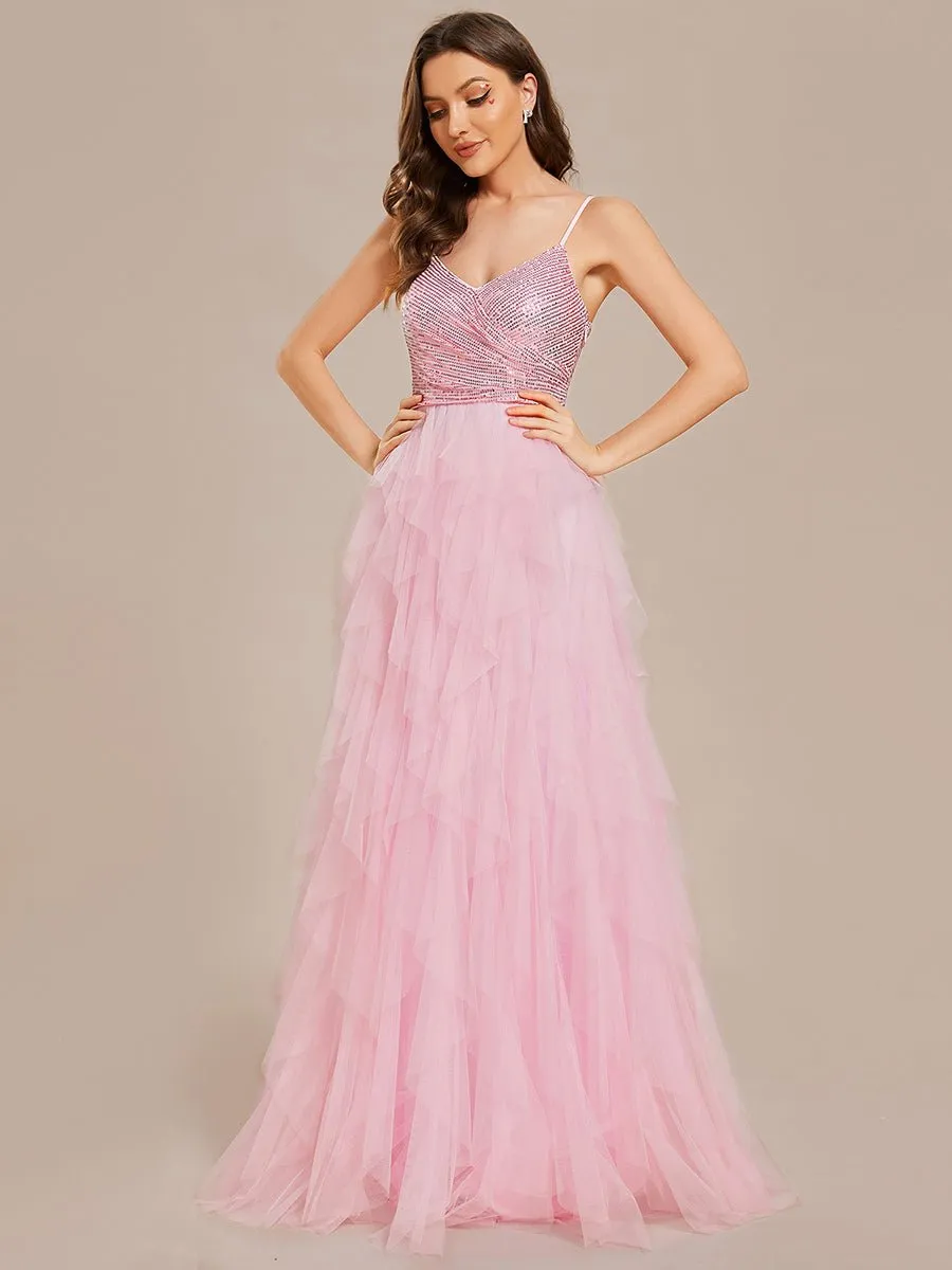 Karmil pink ruffled ball dress with sequins and tulle s8-10 Express NZ wide