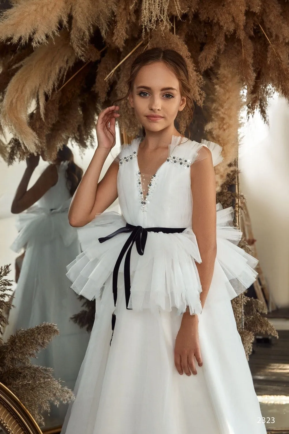 L2323 Ruffled Peplum White Black Prom Dress