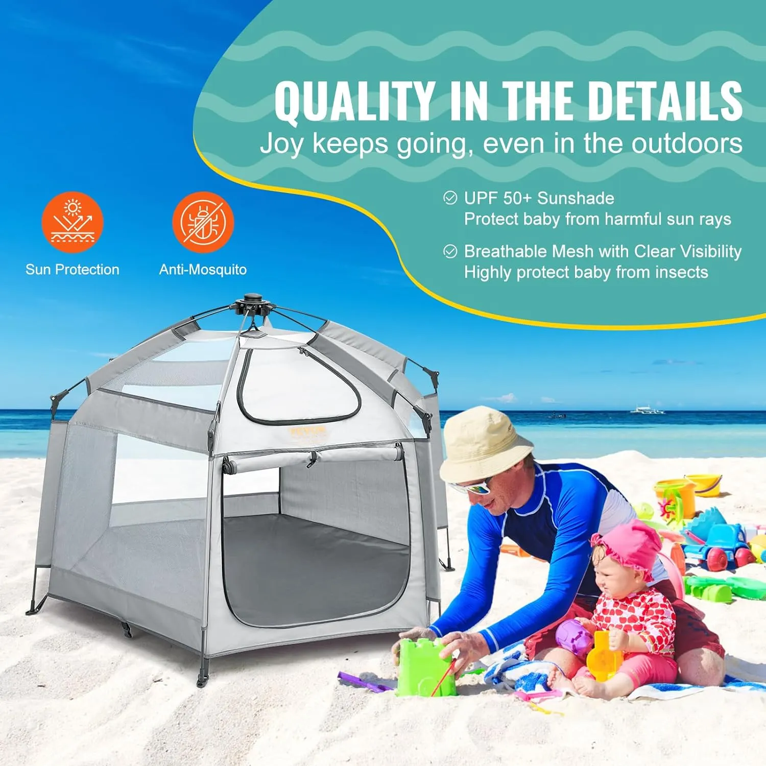Large & Lightweight Carbon Fibre Sun-Safety UV Pop-up Playpen | Light Grey | 0m - 5 years