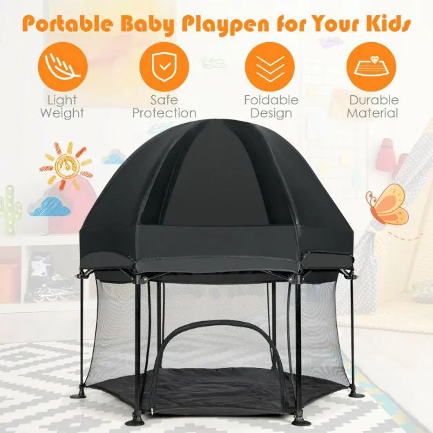 Lightweight Quick Assemble Pop-up Playpen with UV canopy and Mattress | Black or Light Grey | 0m - 36m