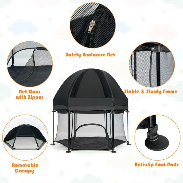 Lightweight Quick Assemble Pop-up Playpen with UV canopy and Mattress | Black or Light Grey | 0m - 36m