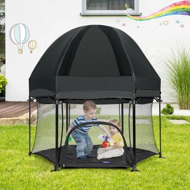 Lightweight Quick Assemble Pop-up Playpen with UV canopy and Mattress | Black or Light Grey | 0m - 36m