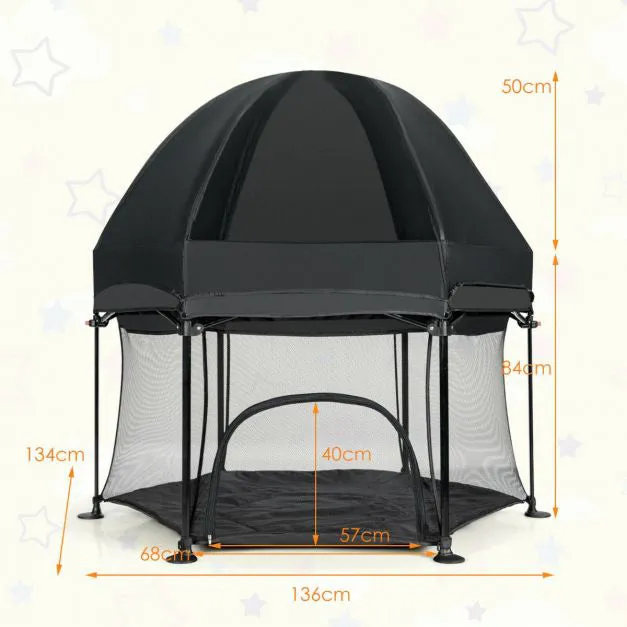 Lightweight Quick Assemble Pop-up Playpen with UV canopy and Mattress | Black or Light Grey | 0m - 36m