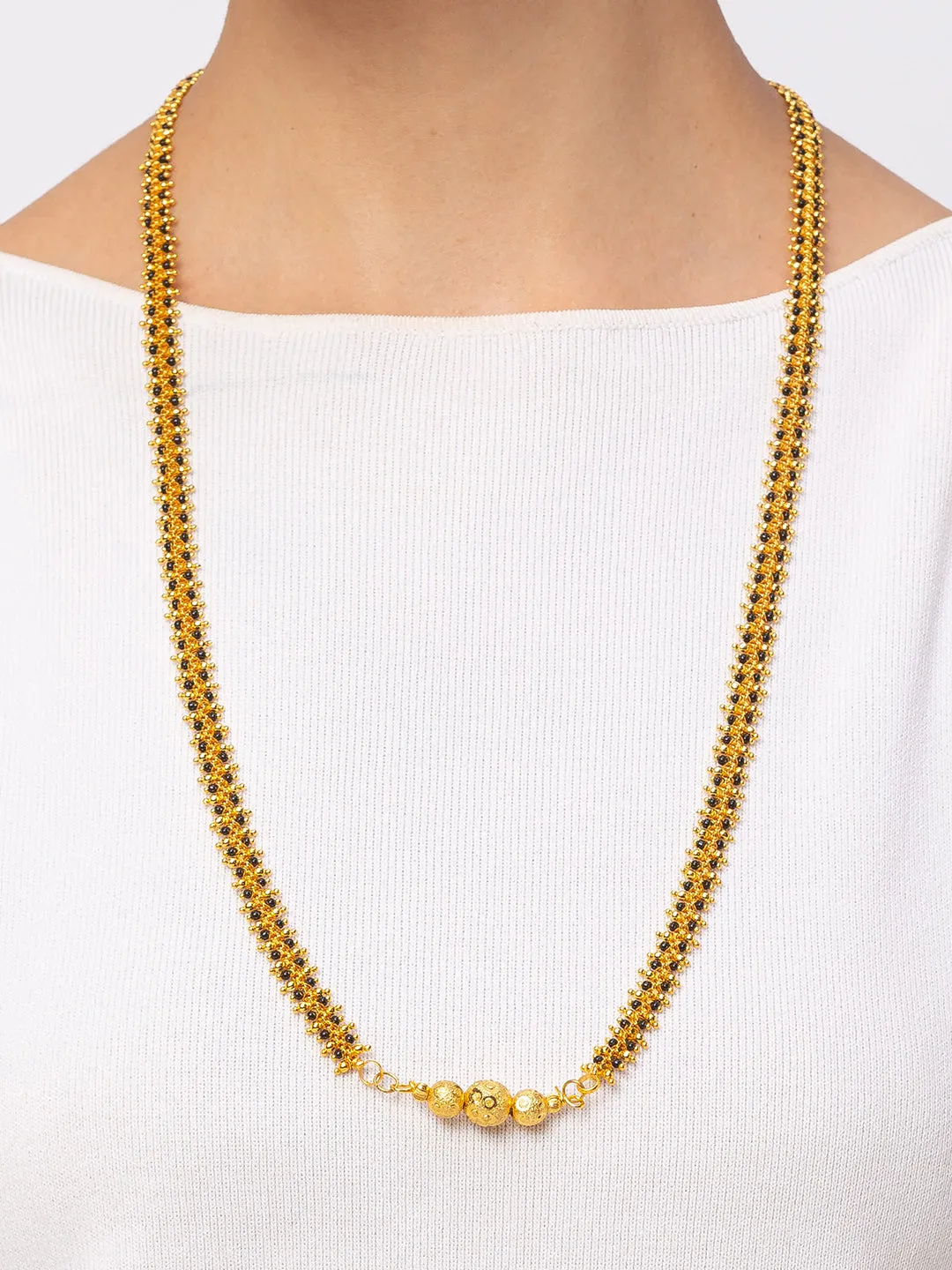 Long Mangalsutra Designs Gold Plated Ball Shape Pattern With Black Gold Beads Chain Mangalsutra