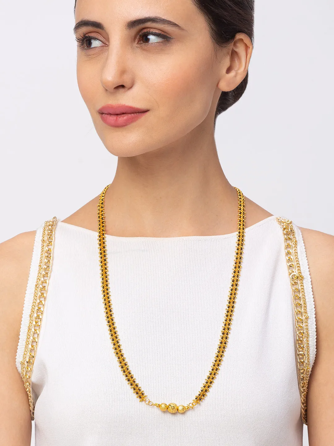 Long Mangalsutra Designs Gold Plated Ball Shape Pattern With Black Gold Beads Chain Mangalsutra