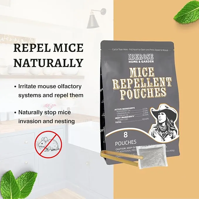 Mice Repellent Pouches, Mouse Repellent, Peppermint Rodent Repellent, Repels Rodent from Nesting in House/Garage, Keep Mouse Out of Car/Boat/RV, 8 Odorant Pouches