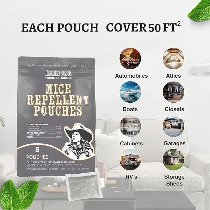 Mice Repellent Pouches, Mouse Repellent, Peppermint Rodent Repellent, Repels Rodent from Nesting in House/Garage, Keep Mouse Out of Car/Boat/RV, 8 Odorant Pouches