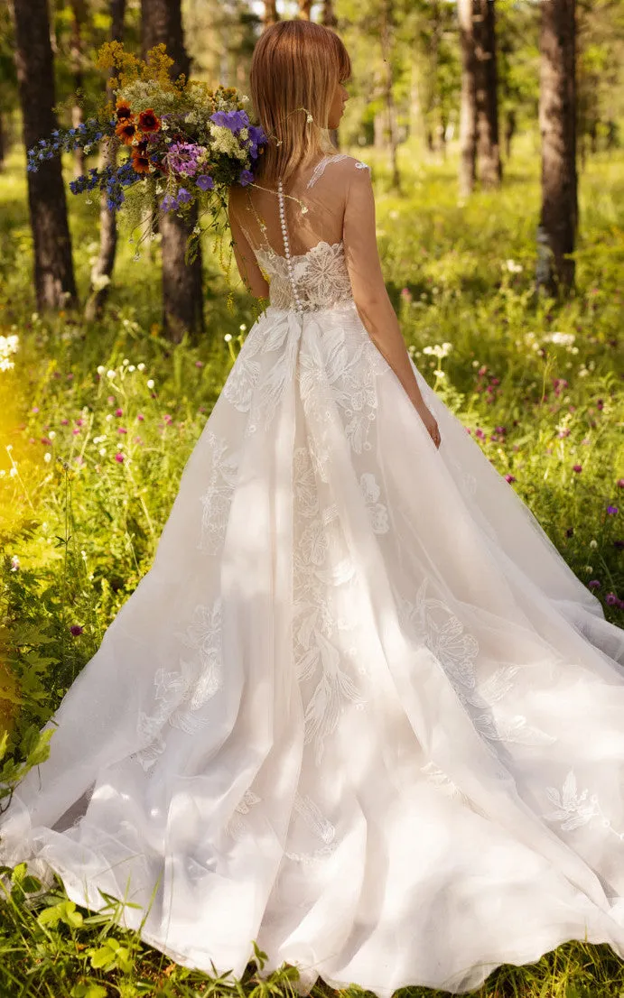 Modern Ball Gown Tulle Wedding Dress With Bateau Neckline And Illusion Back-716436