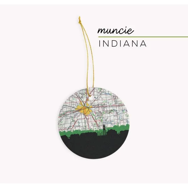 Muncie, Indiana city skyline with vintage Muncie map