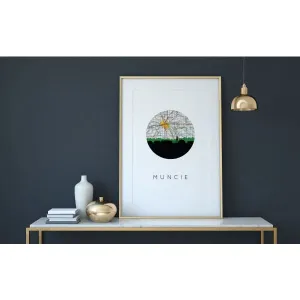 Muncie, Indiana city skyline with vintage Muncie map