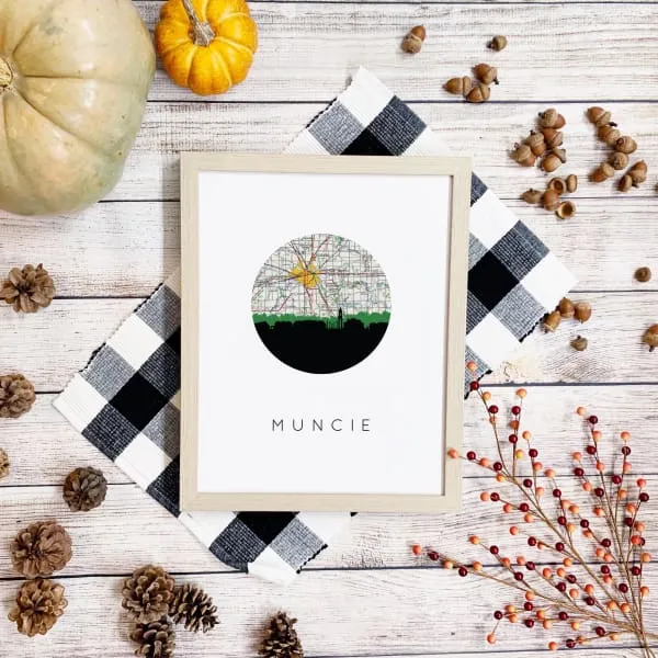 Muncie, Indiana city skyline with vintage Muncie map