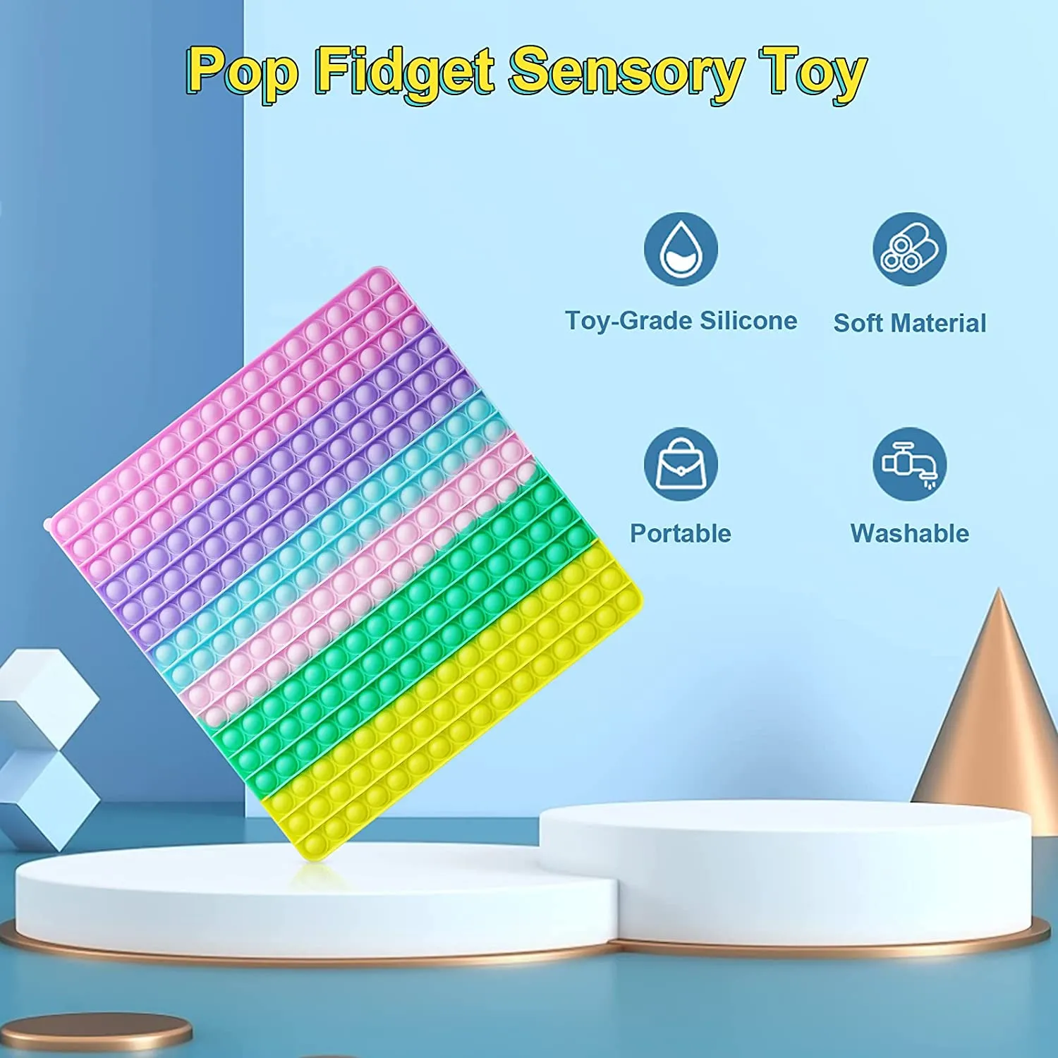 New Large 256 Bubbles Big Pop Fidget Toy Game, Silicone Big Size Push Pop Sensory Toy Tie-dye, Square Anxiety Reliever! Rainbow