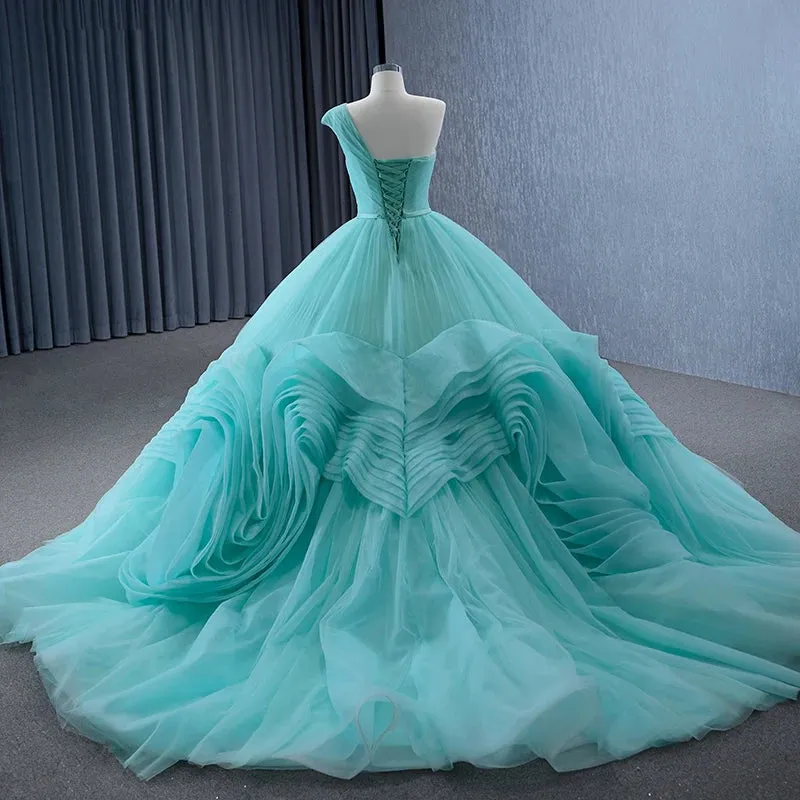 One-Shoulder Sleeveless Ball Gown Court Train Ruched Quinceanera Dress Evening Dress