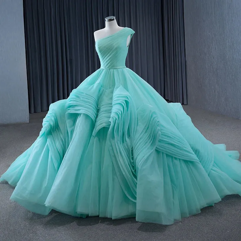 One-Shoulder Sleeveless Ball Gown Court Train Ruched Quinceanera Dress Evening Dress