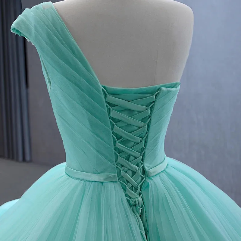 One-Shoulder Sleeveless Ball Gown Court Train Ruched Quinceanera Dress Evening Dress