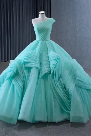 One-Shoulder Sleeveless Ball Gown Court Train Ruched Quinceanera Dress Evening Dress