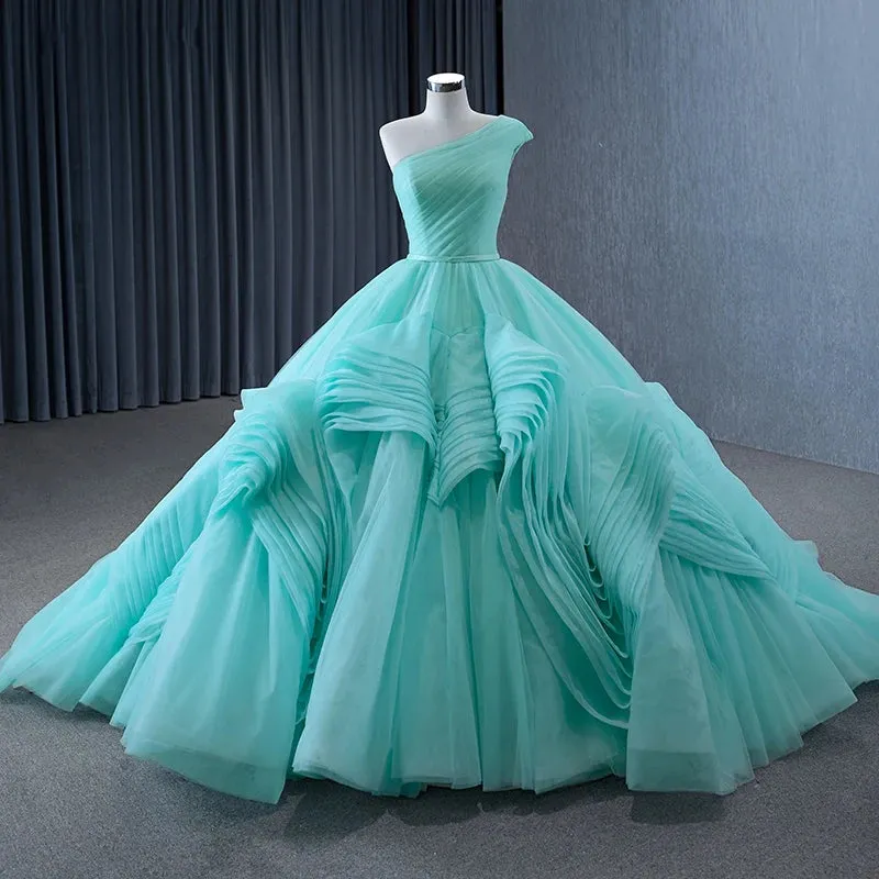 One-Shoulder Sleeveless Ball Gown Court Train Ruched Quinceanera Dress Evening Dress