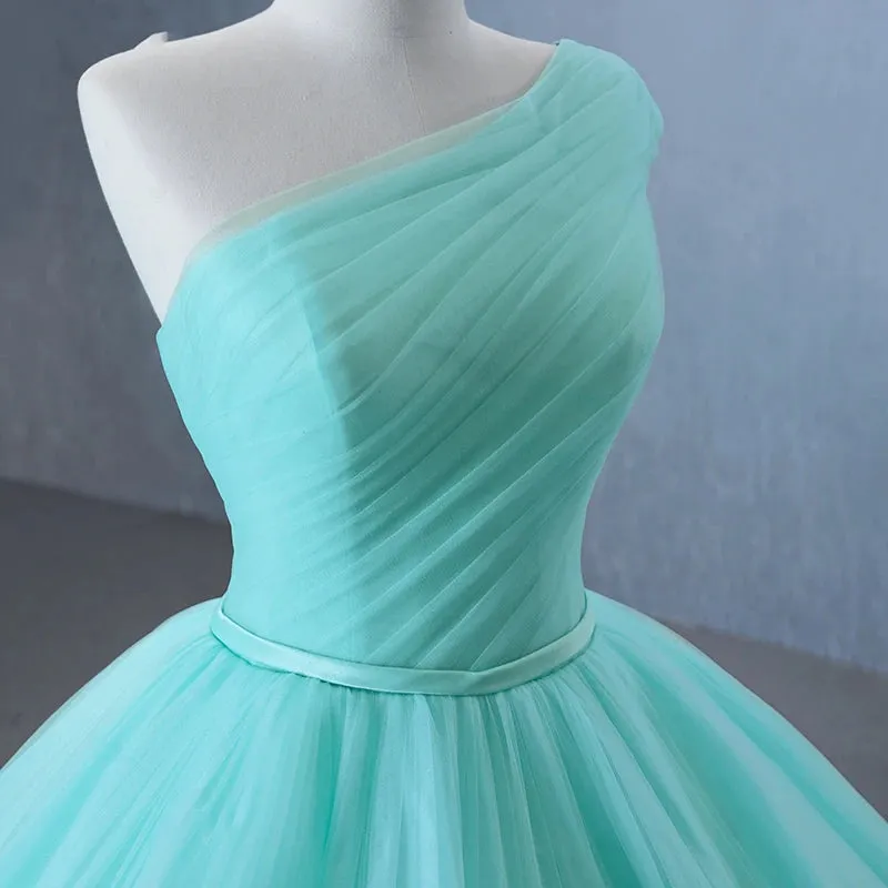 One-Shoulder Sleeveless Ball Gown Court Train Ruched Quinceanera Dress Evening Dress