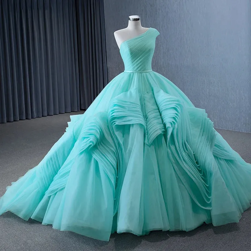 One-Shoulder Sleeveless Ball Gown Court Train Ruched Quinceanera Dress Evening Dress