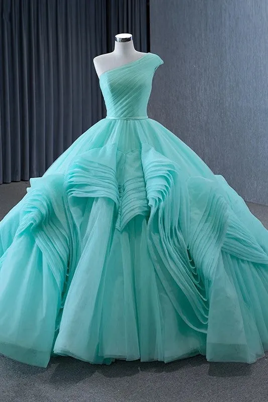 One-Shoulder Sleeveless Ball Gown Court Train Ruched Quinceanera Dress Evening Dress