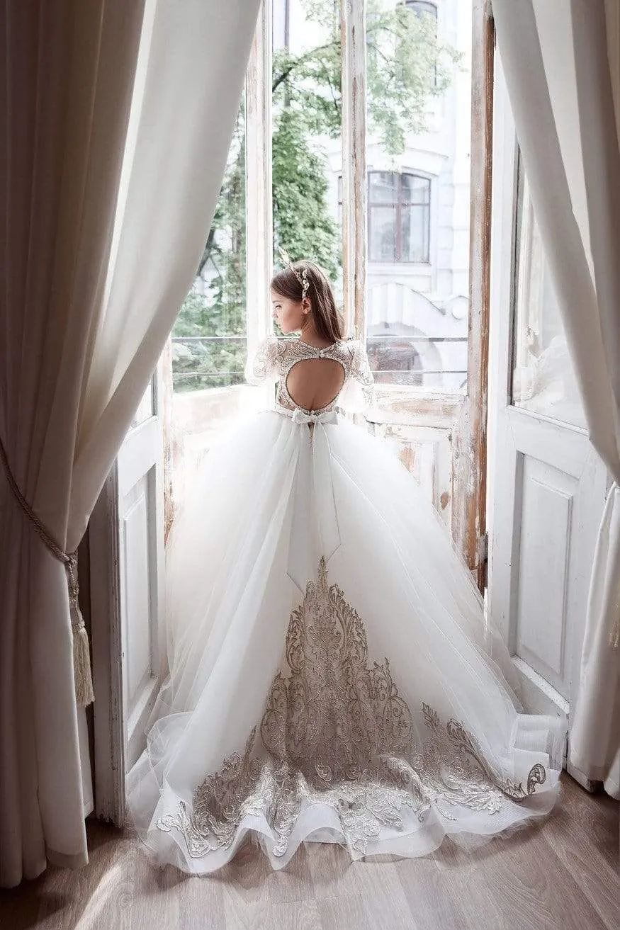 Open Back Ball Gown with Bishop Sleeves