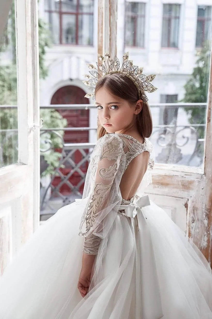 Open Back Ball Gown with Bishop Sleeves