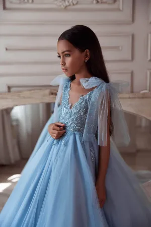 Pastel Blue Bow Tie Shoulder Maxi Dress