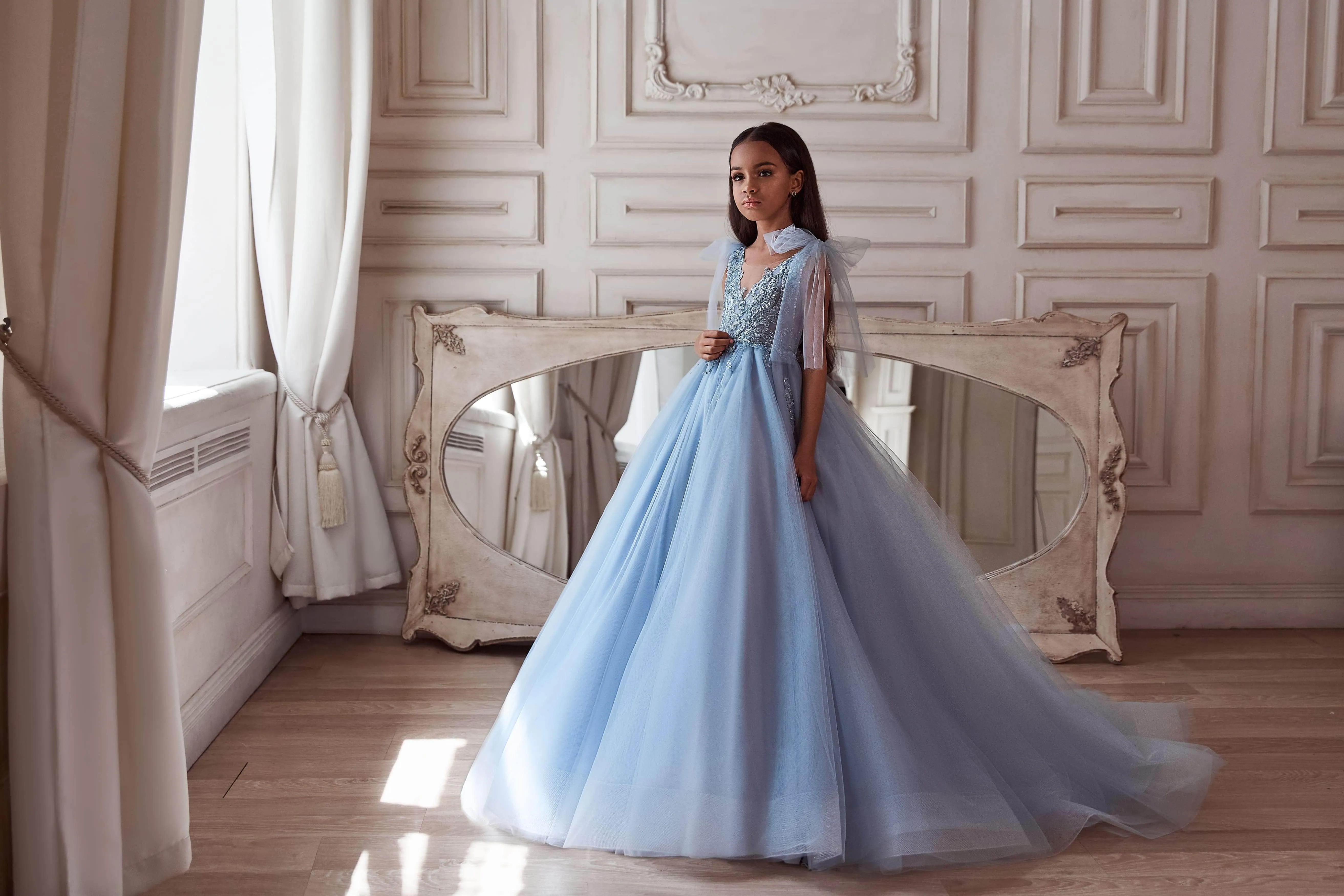 Pastel Blue Bow Tie Shoulder Maxi Dress
