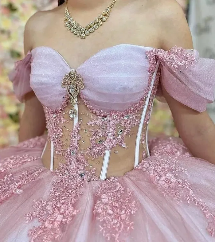 Pink See-Through Off The Shoulder Quinceanera Dresses with Appliques