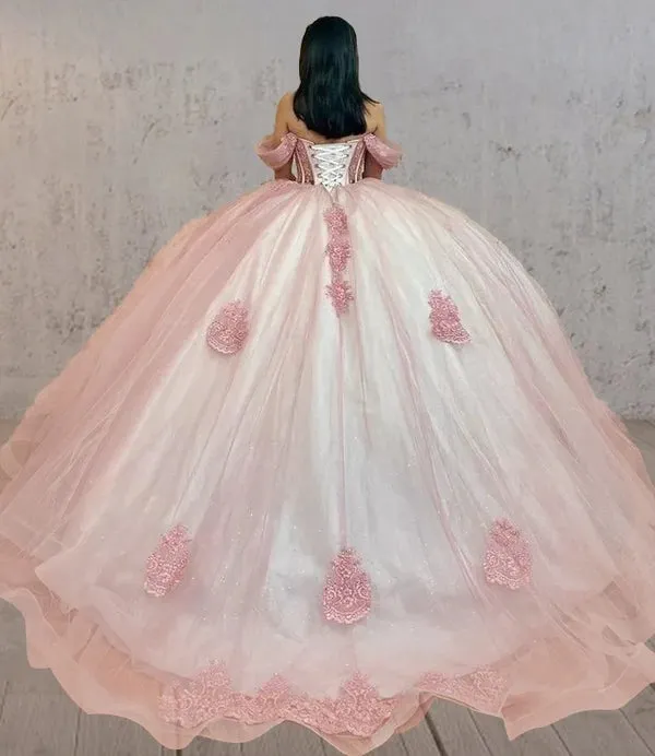 Pink See-Through Off The Shoulder Quinceanera Dresses with Appliques