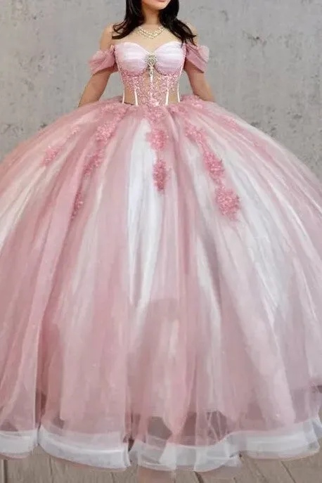 Pink See-Through Off The Shoulder Quinceanera Dresses with Appliques