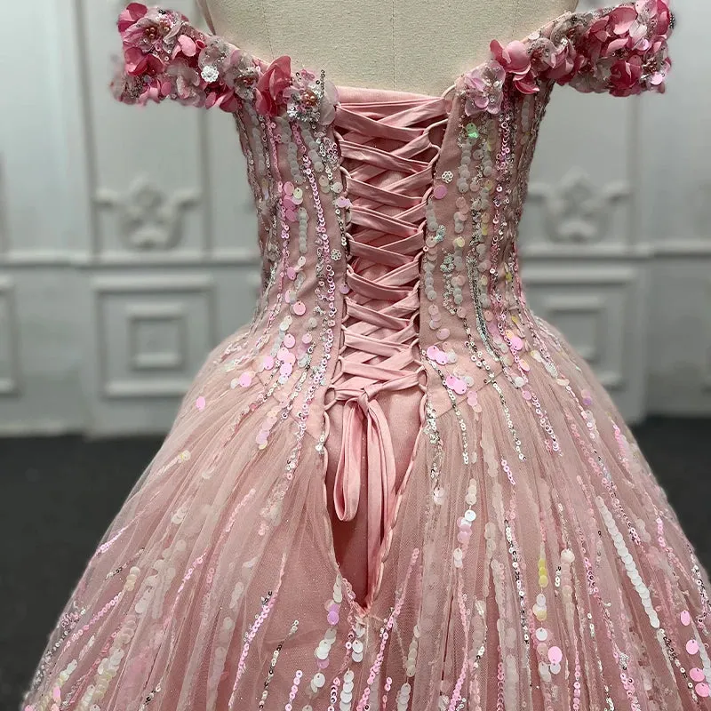 Princess Pink Quinceanera Dress Floral Print Sequins Off Shoulder Ball Gown