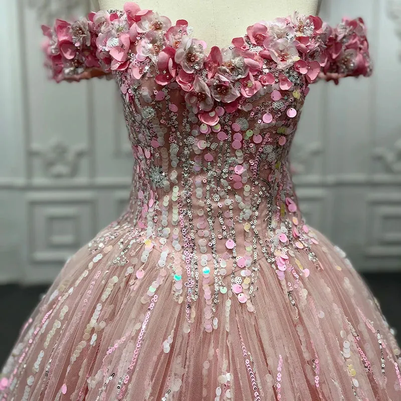 Princess Pink Quinceanera Dress Floral Print Sequins Off Shoulder Ball Gown