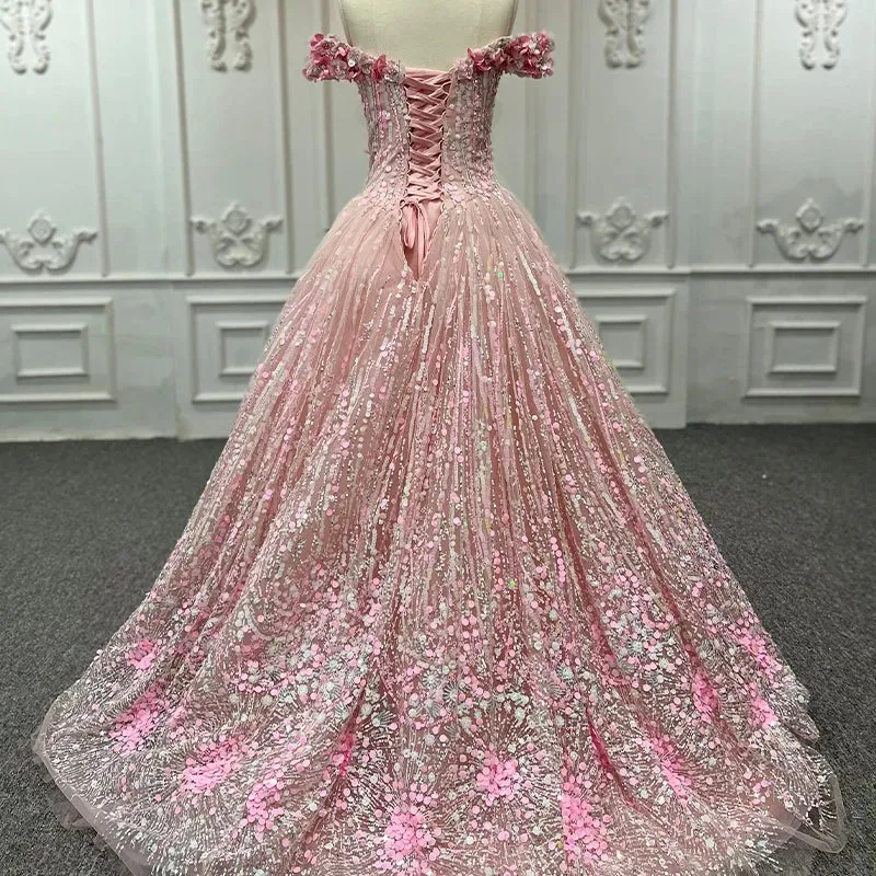 Princess Pink Quinceanera Dress Floral Print Sequins Off Shoulder Ball Gown