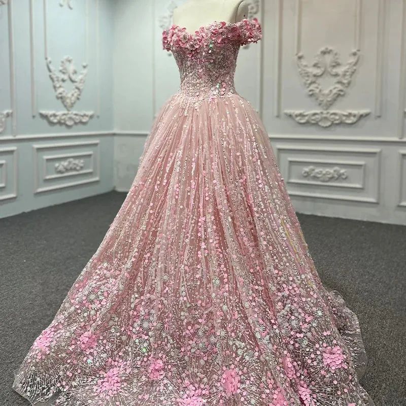 Princess Pink Quinceanera Dress Floral Print Sequins Off Shoulder Ball Gown