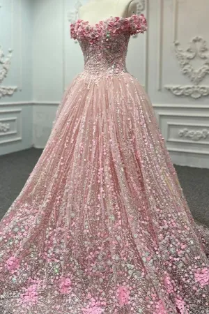 Princess Pink Quinceanera Dress Floral Print Sequins Off Shoulder Ball Gown