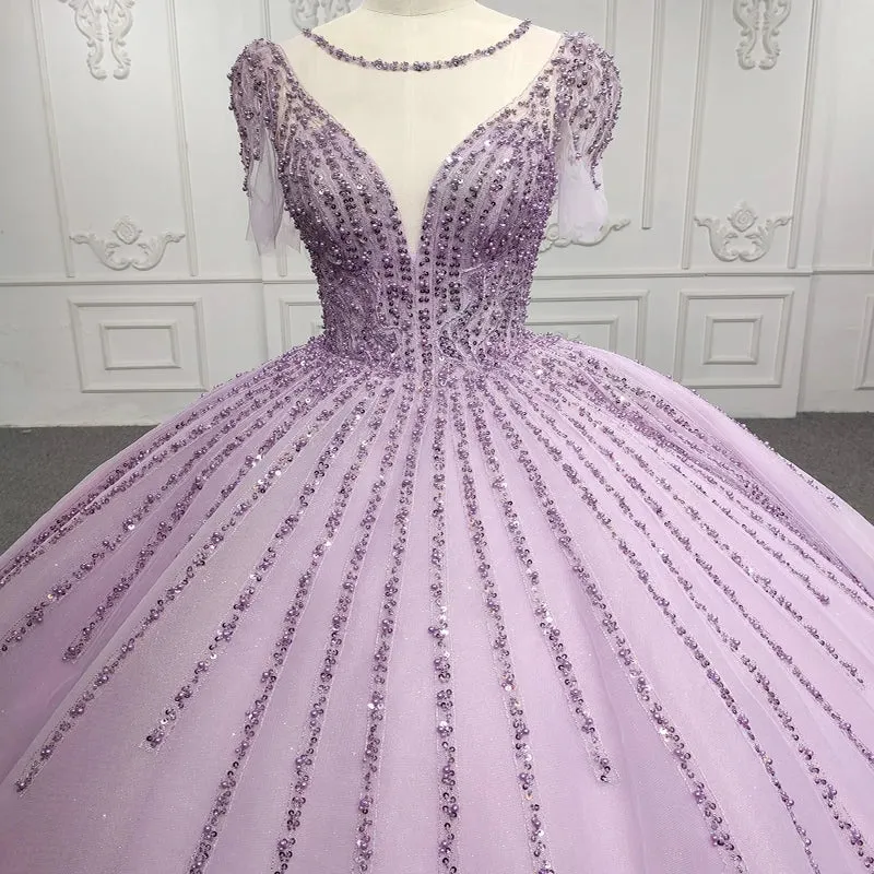 Princess Sheer Neck Long Prom Dresses Short Sleeves Ball Gown Quinceanera Dresses