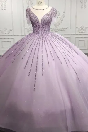 Princess Sheer Neck Long Prom Dresses Short Sleeves Ball Gown Quinceanera Dresses