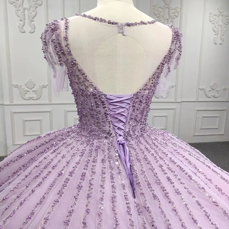 Princess Sheer Neck Long Prom Dresses Short Sleeves Ball Gown Quinceanera Dresses